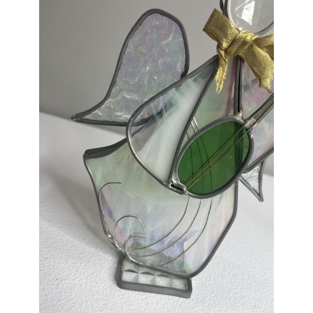 Stained Glass Art Angel Suncatcher Figurine Lute Musical Instrument - Picture 2 of 12